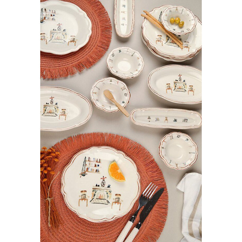 Ensemble de petit-déjeuner élégant 14 pièces, 100% porcelaine | Comprend 6 assiettes de service (7,9 pouces), 4 bols Joker (3,9 pouces), 2 plaques d'huile (7,5 x 4,7 pouces), 2 plateaux (7,9 x 2,8 pouces) | Va au lave-vaisselle et au micro-ondes, parfait pour un repas élégant