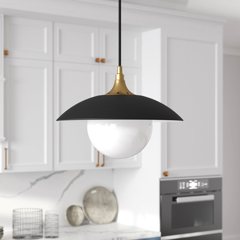Luminaire suspendu en forme de dôme à 1 lumière Morine, Noir mat / laiton, Blanc