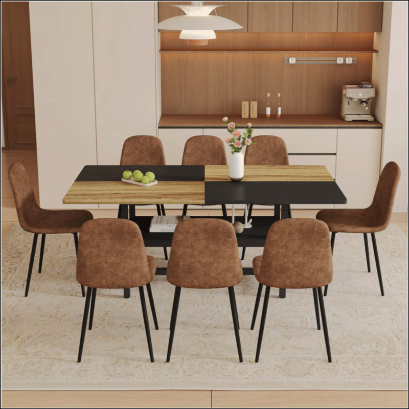 Table de salle à manger spacieuse avec rangement et 8 chaises confortables en tissu technique, parfaites pour les réunions de famille et les réceptions.