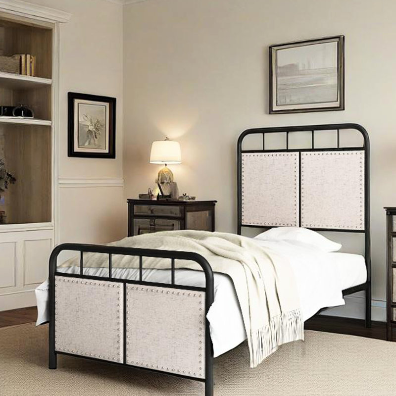 Lit plateforme simple en métal avec revêtement en lin, têtes et pieds en tissu, structure durable, fonctionnement silencieux, assemblage rapide sans complexité, aucun sommier nécessaire, 250 lb