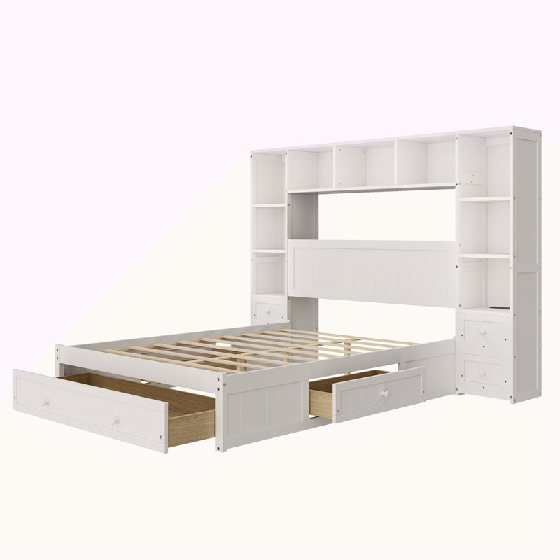 Lit plateforme double en bois de pin avec table de chevet tout-en-un 2, tablette de rangement et armoire avec 2 stations de charge, cadre de lit capitaine multifonctionnel avec 3 tiroirs, aucun sommier nécessaire