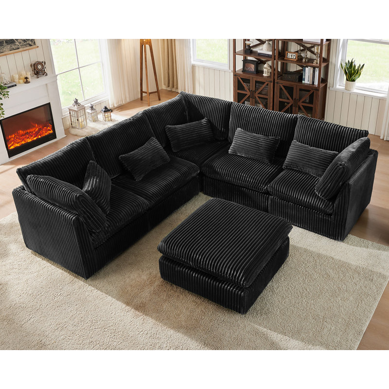 Oversized Modular Sofa Extra Deep Cloud Corduroy Sectional Couch With Ottoman Chaise, Fsc Certified, Black Corduroy