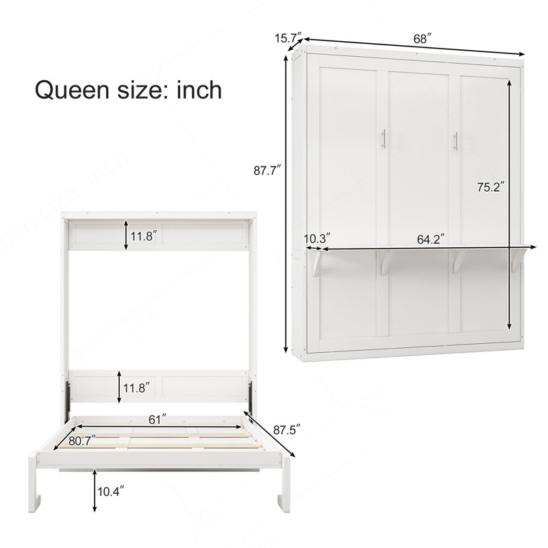 Grand lit escamotable, lit escamotable à armoire de 68 pouces avec bureau, parfait pour chambre d'amis, bureau, blanc