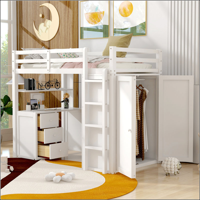 Lit mezzanine simple avec tiroirs, Lit simple, Blanc