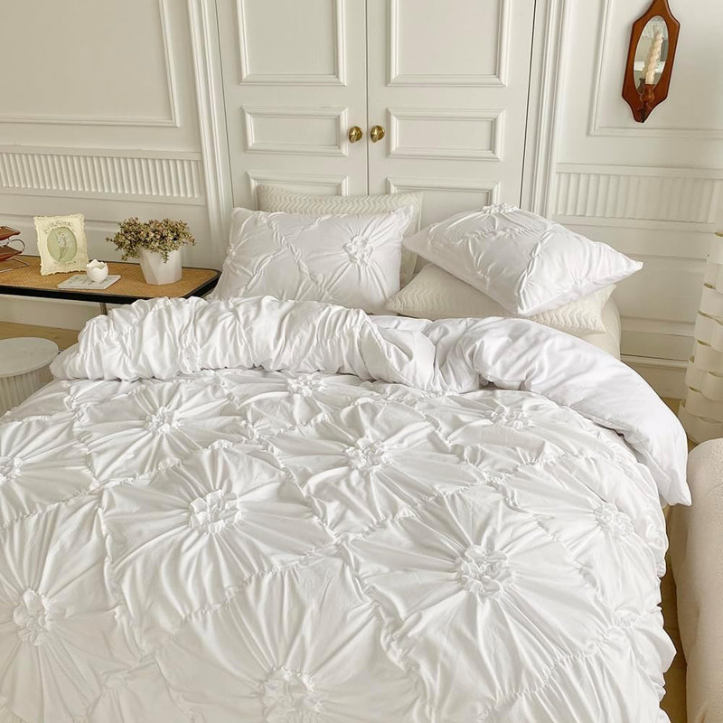 Nayoroom Rustic French Style Textured Flower Pinch Pleated Duvet Cover Set Solid Luxury Bedding Sets, White