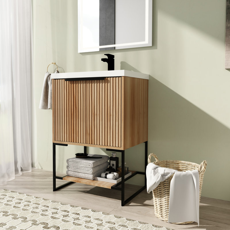 Meuble-lavabo simple 23,67 po avec comptoir, Brun clair, Noir mat