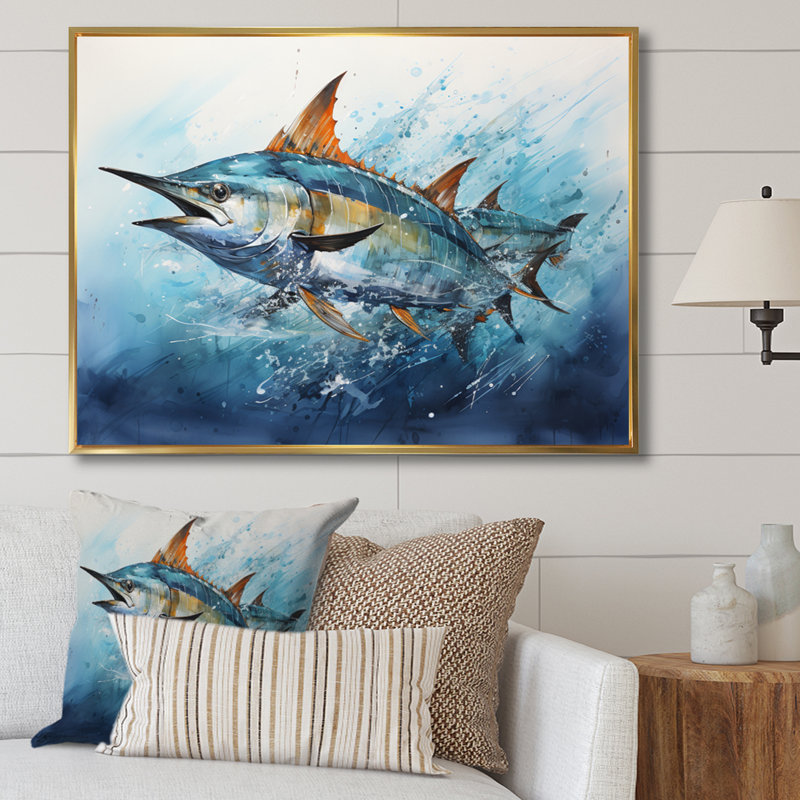 Fishing Majestic Marlins I - Fishing Framed Canvas Print Hunting Wall Art, Gold Floater Framed, 34" H x 44" W x 1.5" D