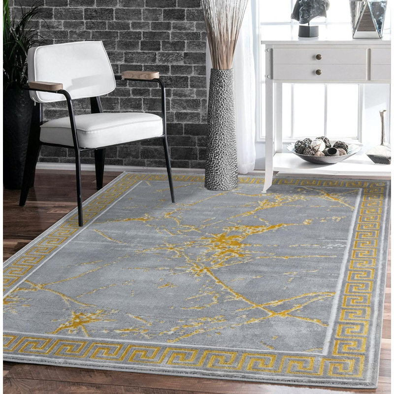 Mercer41 Area Rugs Marble Grey Gold Carpet Modern Abstract Rug Living Room Dining Bedroom Rug, Rectangle 8' x 10'
