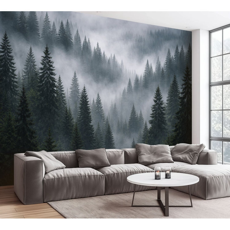 Papier peint auto-adhésif Misty Evergreen Forest Landscape, 100" L x 144" W