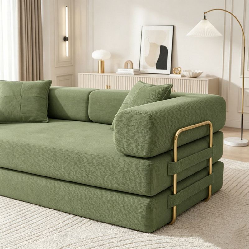Canapé-lit modulaire en velours côtelé avec accoudoirs mobiles et sans assemblage, Green Corduroy, Green