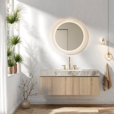 Meuble-lavabo moderne avec rangement, plateau en pierre frittée gris clair et lavabo en céramique