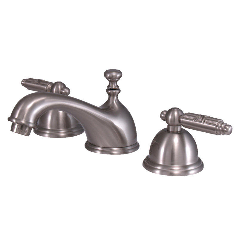 Kingston Brass Georgian Two-Handle 3-Hole Deck Mount Widespread Bathroom Faucet with Brass Pop-Up Drain, Brushed Nickel