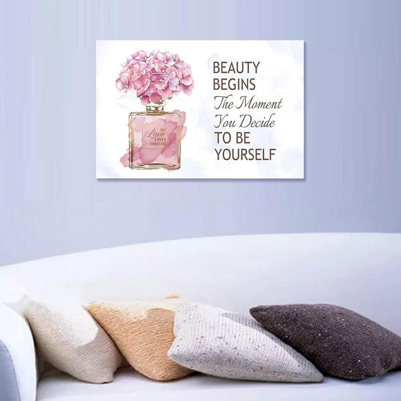 Fashioner Perfume Canvas Wall Art Bottle Pink Flower Canvas Pictures Inspirational Words Canvas Prints Motivational Quetos Wall Decor For Bathroom Bedroom Powder Room