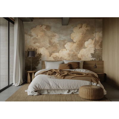 Beige Cloud Fresco Wall Mural | Vintage Sky Peel and Stick Wallpaper | Living Room Removable Wall Décor