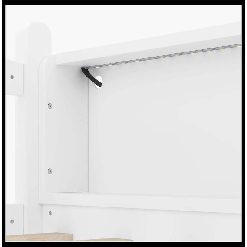Lit mezzanine simple TG avec tablettes de rangement, lit mezzanine inférieur en bois massif avec lumières DEL et garde-corps pleine longueur, sans sommier tapissier, blanc