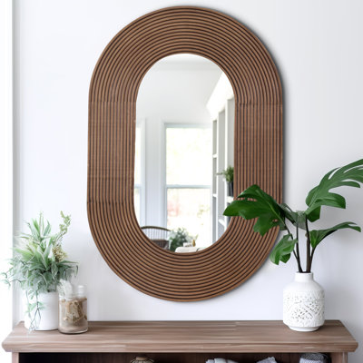 Mirror Wood MDF Glass Oval Frame Ribbed Texture Boho Style Decorative Accent Wall Mirror.