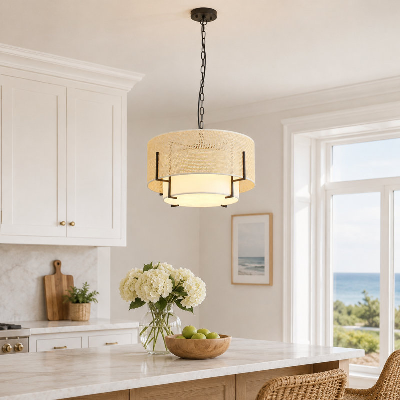 Suspension en rotin de 50 cm (19,7 po) avec abat-jour en tissu et 4 lumières.