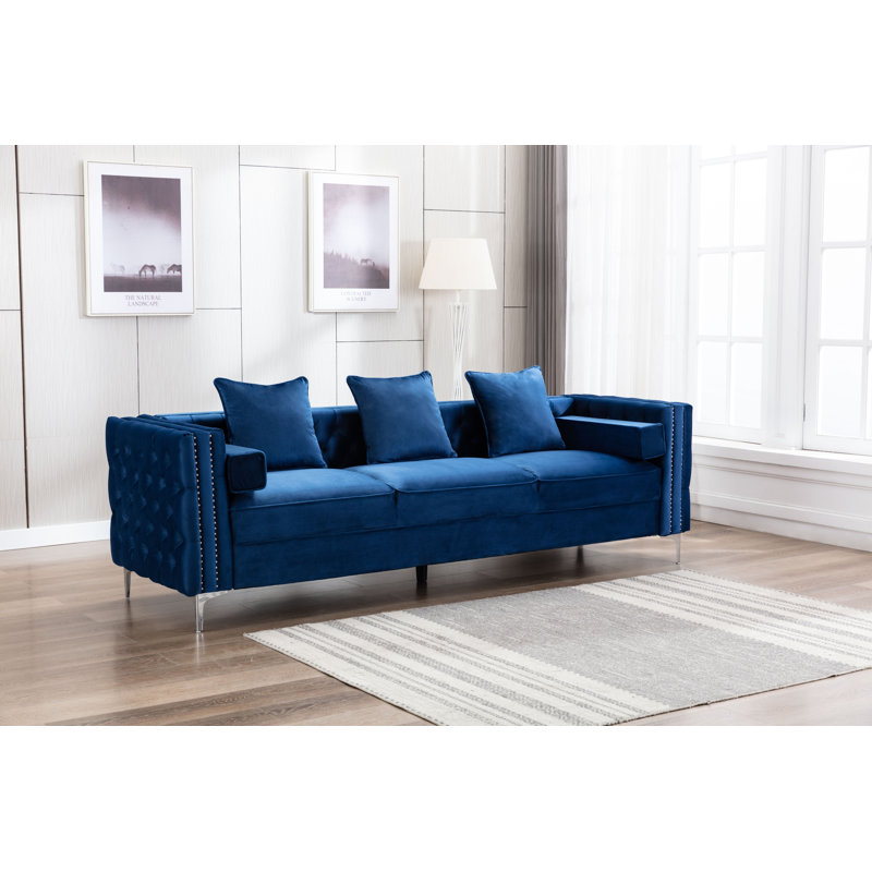 Oyler 104" Velvet Tuxedo Arm Sofa, Blue