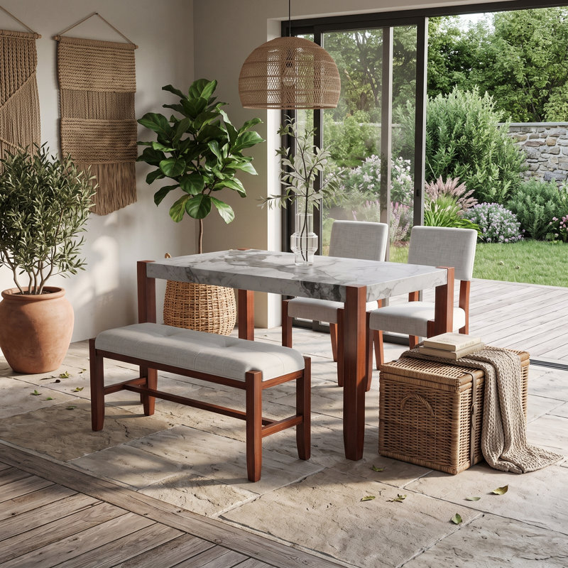 Ensemble de table de salle à manger rectangulaire 4 pièces avec 2 chaises rembourrées à dossier incurvé et banc pour 4 personnes