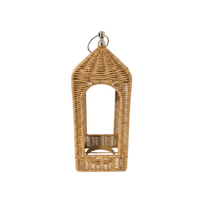 Lanterne à bougie en rotin tressé, bougeoir en forme de tour arquée avec poignée en anneau métallique pour la décoration de table et d'entrée