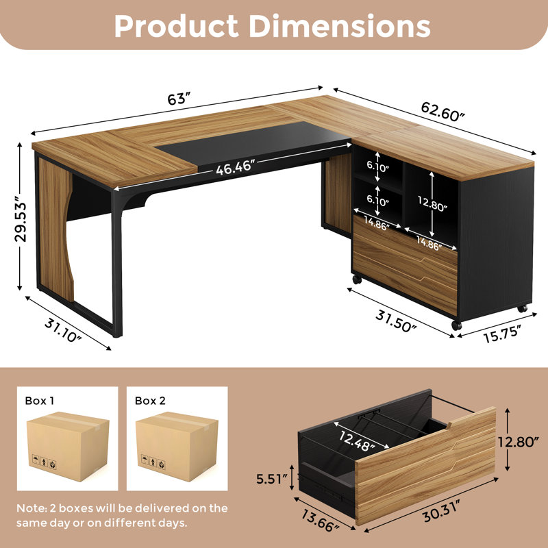 Bureau de direction en L de 63 po avec classeur mobile