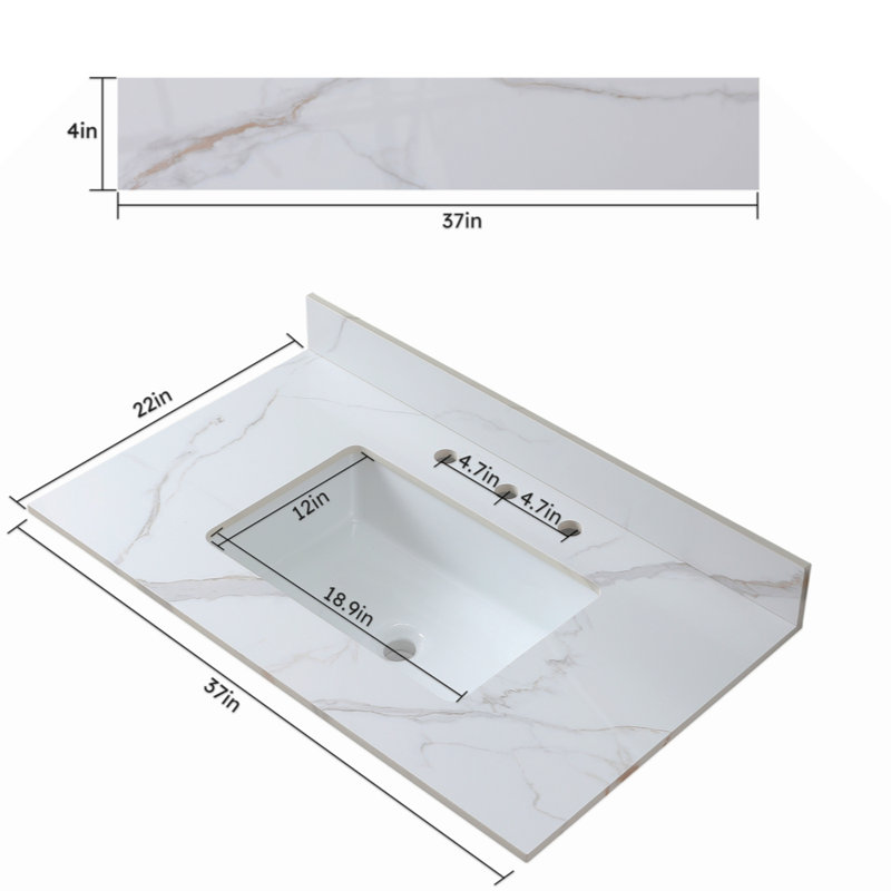 Dessus de meuble-lavabo en pierre de 37 po avec comptoir rectangulaire encastré en céramique Carrara