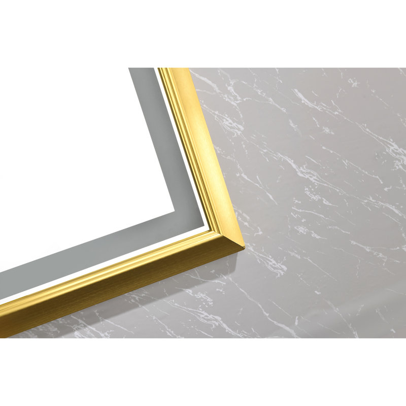 Miroir de salle de bain 84 po x 48 po à DEL, cadre en aluminium, capacité de brouillard, 3 couleurs, gradation continue, fixation murale, miroir doré brossé de 84 po avec brouillard en alliage de 48 po, options de couleurs, étincelle