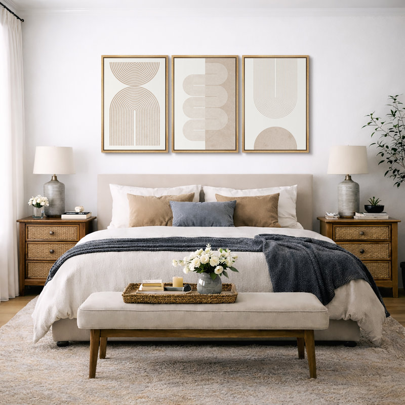 "Mid-Century Modern Boho" Duotone Beige Abstract Lines, H 36 po x l 72 po, Plastique brun