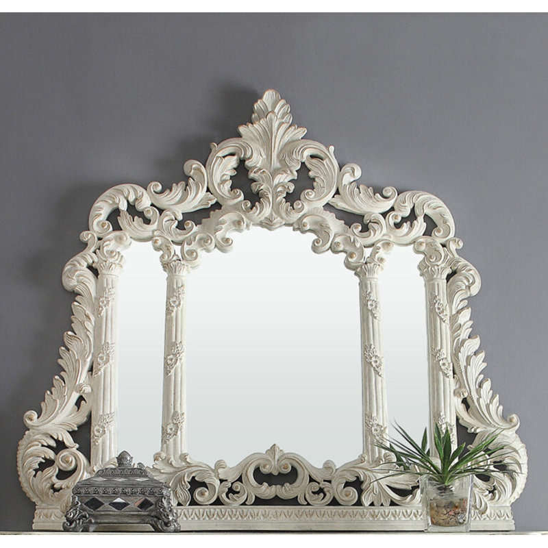 Hand Carved Decorative Wall Mirror in Ivory and Gold Finish