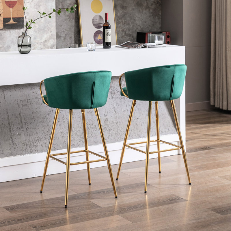 Of 2 26 Inch Bar Stools, Velvet Seat, Golden Leg, Footrest And Base, Practical Seating Option