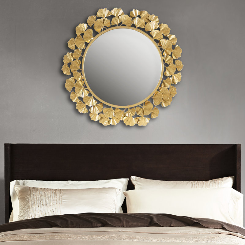 Miroir mural rond de 30,5 po de feuille d'or, cadre en fer avec trou de serrure pour accrocher dans le salon, miroir sur luminaire, décoration