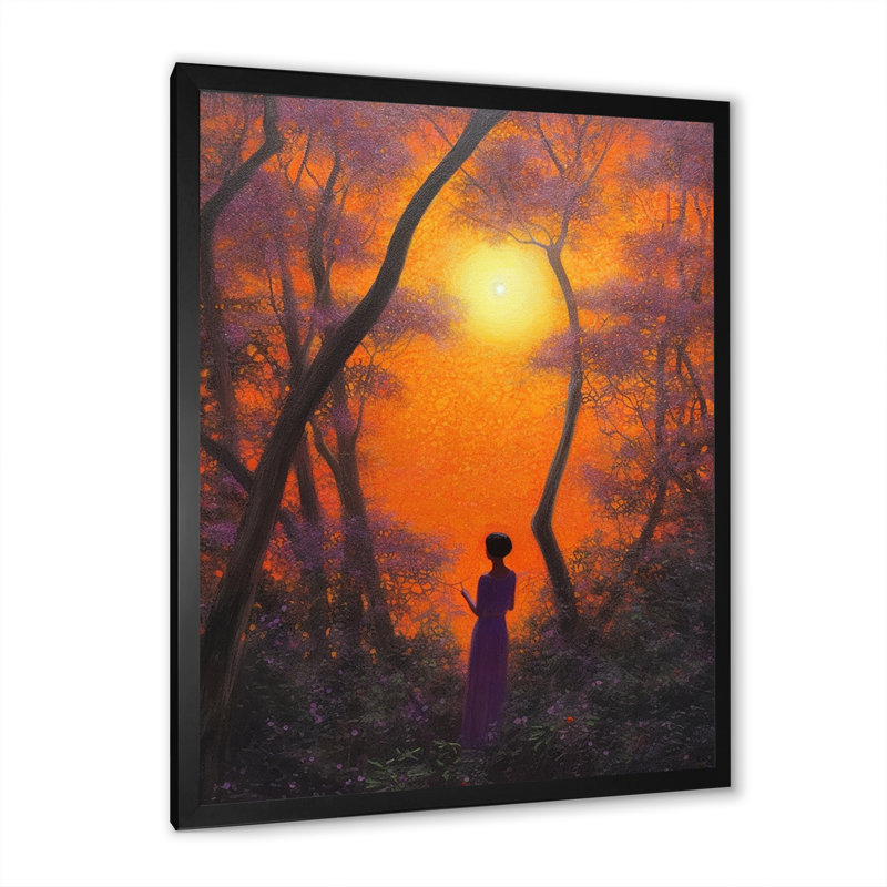 Petite fille marchant dans la forêt de Jacaranda I sur toile, H 20 po x l 12 po x P 1 po, Cadre photo noir