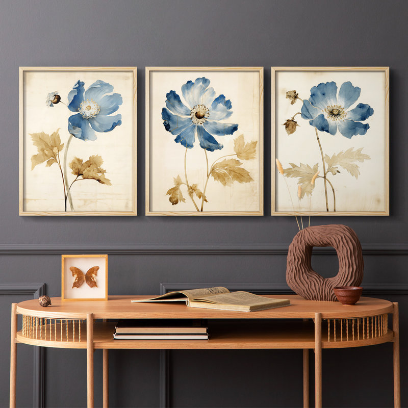 Étude florale, série 11, ensemble de 3 estampes numériques, prêt à accrocher, H 10 po x l 8 po, Encadré naturel