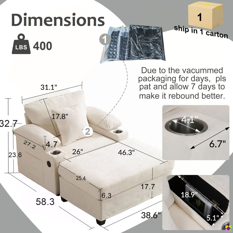 Méridienne modulaire en chenille l 38,6 po Atlai, Beige