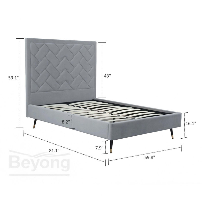 Lit double en velours Crosby, Double, Gris