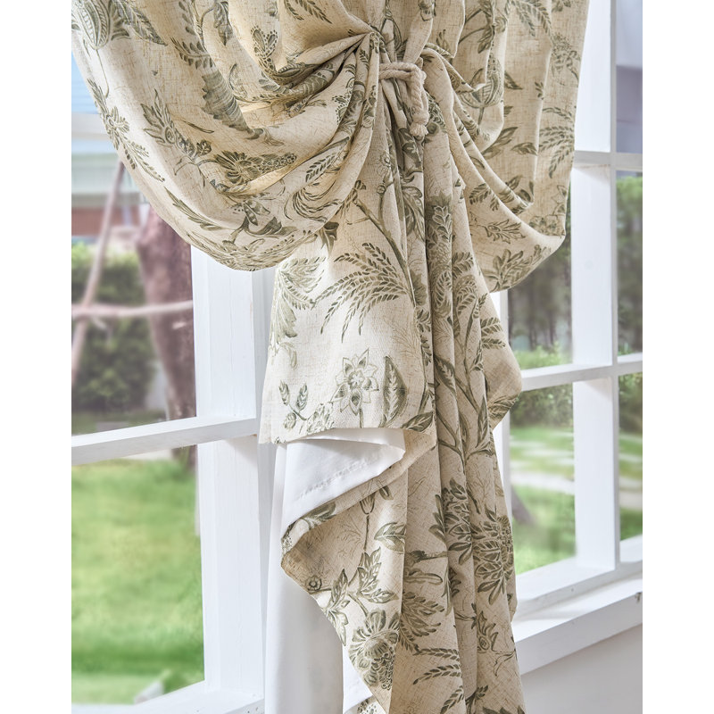 Linen Blend Semi Sheer Pod Pocket Floral Patterned French Country Curtains, 50" W x 84" L, Green