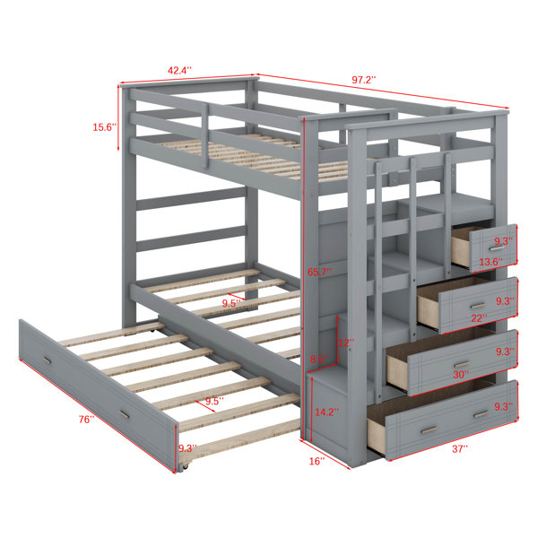 Latitude Run® Twin Over Twin Bunk Bed With Trundle, Solid Wood Bunk ...