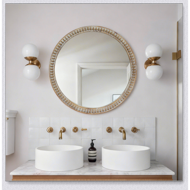 Miroir mural rond rond avec cadre perlé en bois vieilli, parfait pour l'entrée et le salon, 23,62 po x 23,62 po