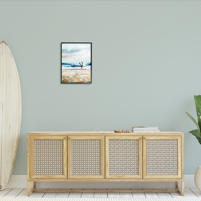 Surfeur debout sur la côte, plage occupée par Ziwei Li 921, H 20 po x l 16 po x P 1,5 po, Giclée encadrée noir minuit