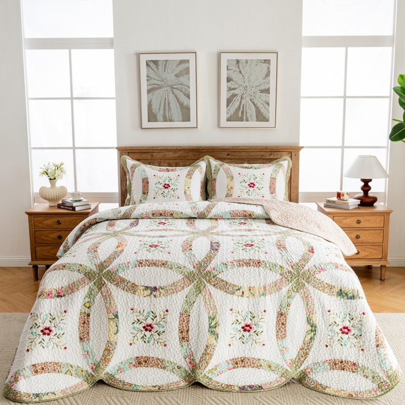 Handmade 100% Cotton Double Wedding Ring Real Patchwork Quilt Set, Embroidered - Reversible - Pre-Washed