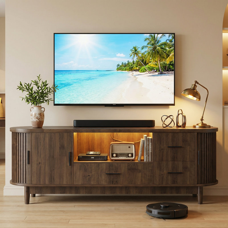Meuble télé avec porte coulissante et lumières DEL, 3 tiroirs et 3 armoires Mordern