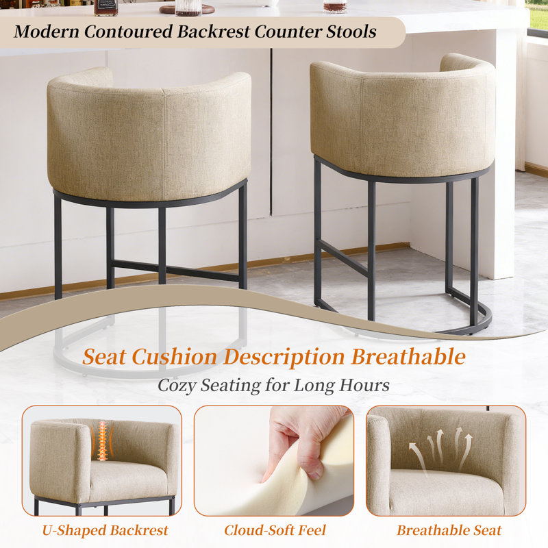 26" Upholstered Metal Barrel Counter Bar Stool, Light Grey Seat/Black Frame, 2