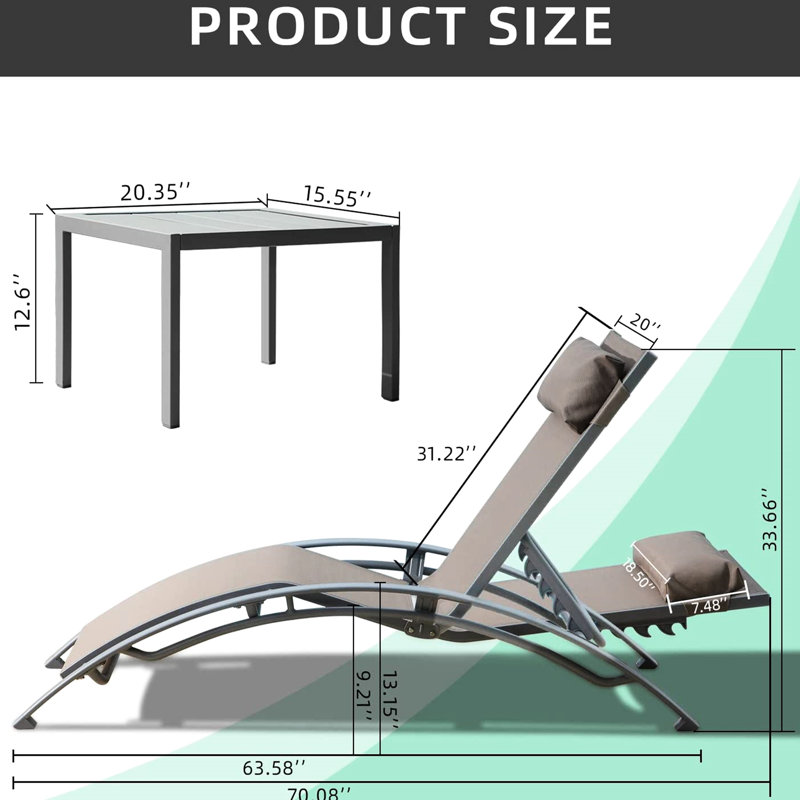 3 chaises longues près de la piscine - chaises réglables en aluminium avec table d'appoint en tissu antirouille pour terrasse, pelouse, cour arrière