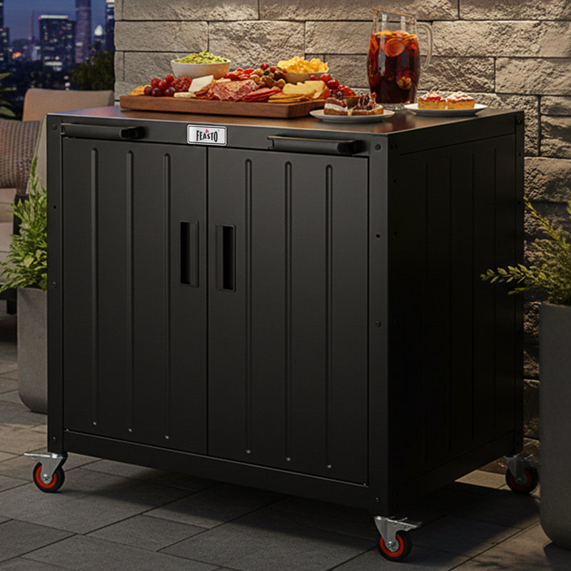 Chariot-grill d'extérieur de 35 po avec armoire de rangement et plateau en acier inoxydable FEASTO, station de barbecue avec porte et îlot de cuisine modulaire pour la cuisine en plein air