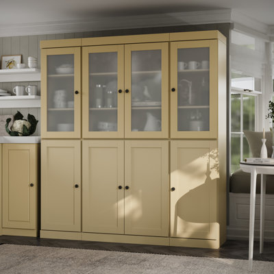 100% Solid Wood Kitchen Pantry Cabinet, Tall Freestanding Modular Storage With Frosted Glass  Shaker Doors, Adjustable Shelves, 65" W X 71.5" H