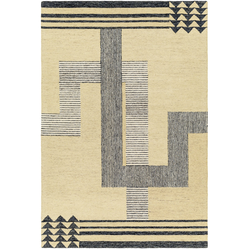 Rectangle Uptown Geometric Handmade Tufted Wool Area Rug in Black, Rectangle 2' x 3'