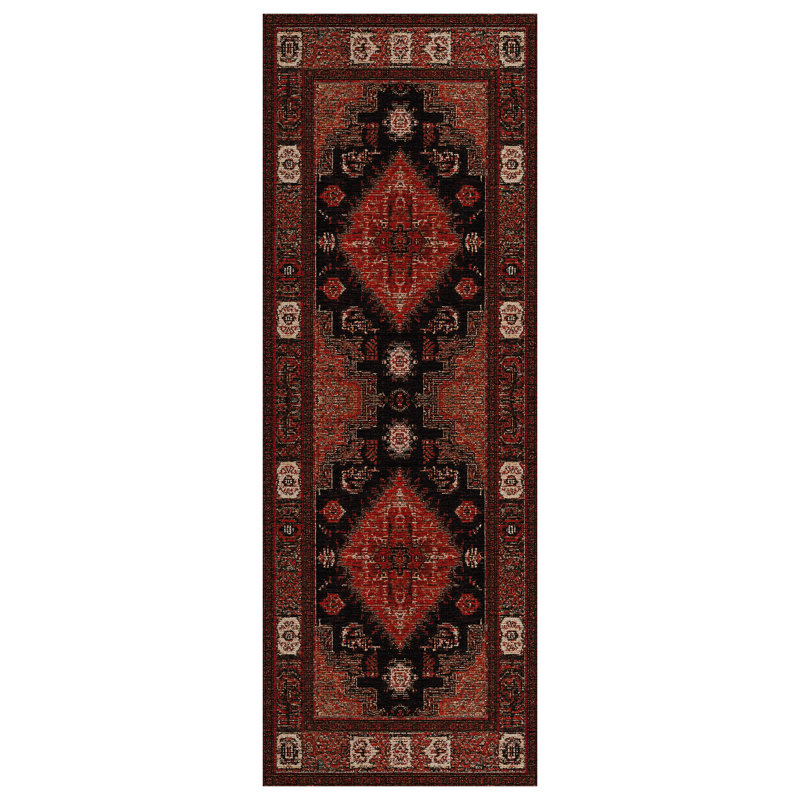 Guria Red/Black Oriental Machine Printed Cotton Chenille Area Rug, Rectangle 6'7" x 11'6"