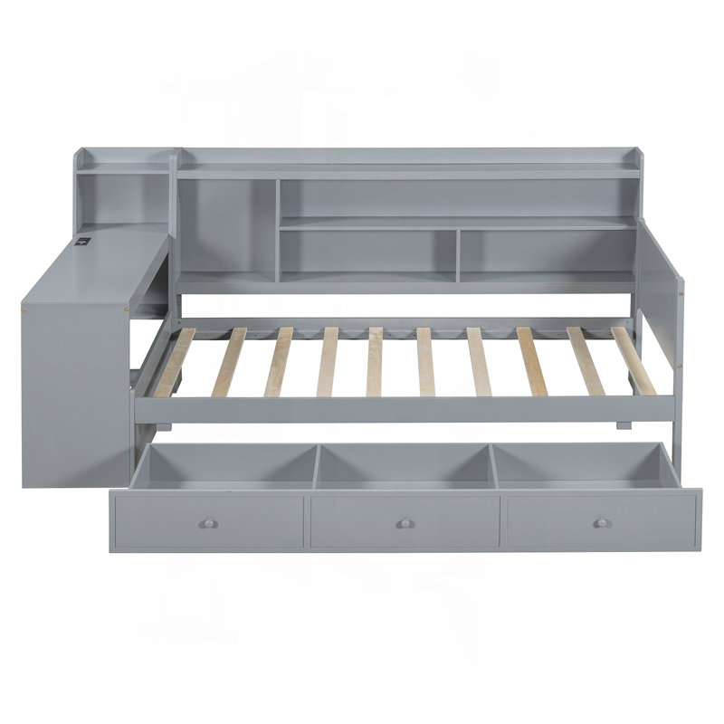 Lit de jour simple en bois avec 3 tiroirs, ports USB et bureau, gris, Lit simple