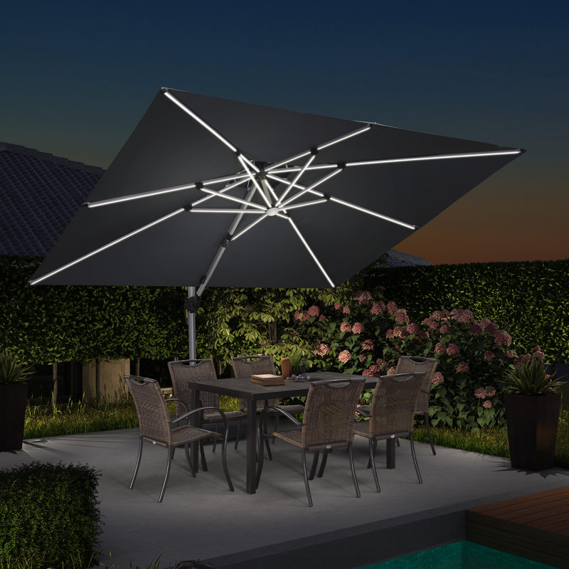 Parasol en porte-à-faux à DEL 9 pi x 12 pi à énergie solaire avec base, gris, Gris