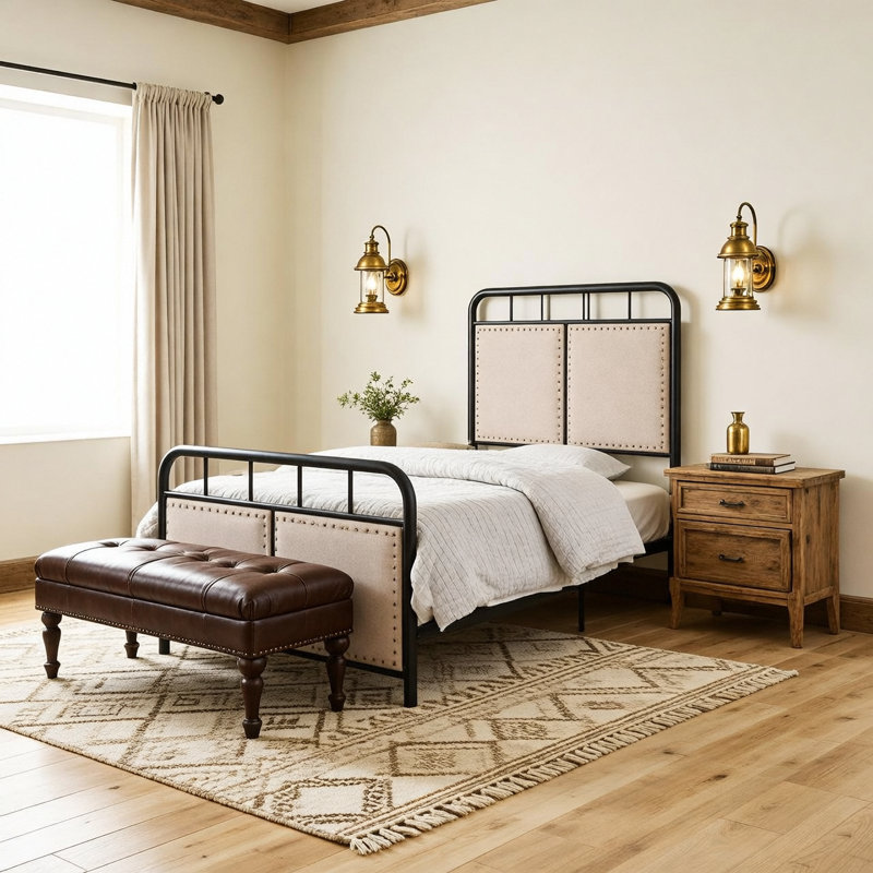 Base de lit simple tapissier en lin avec tête de lit et pied de lit en tissu
